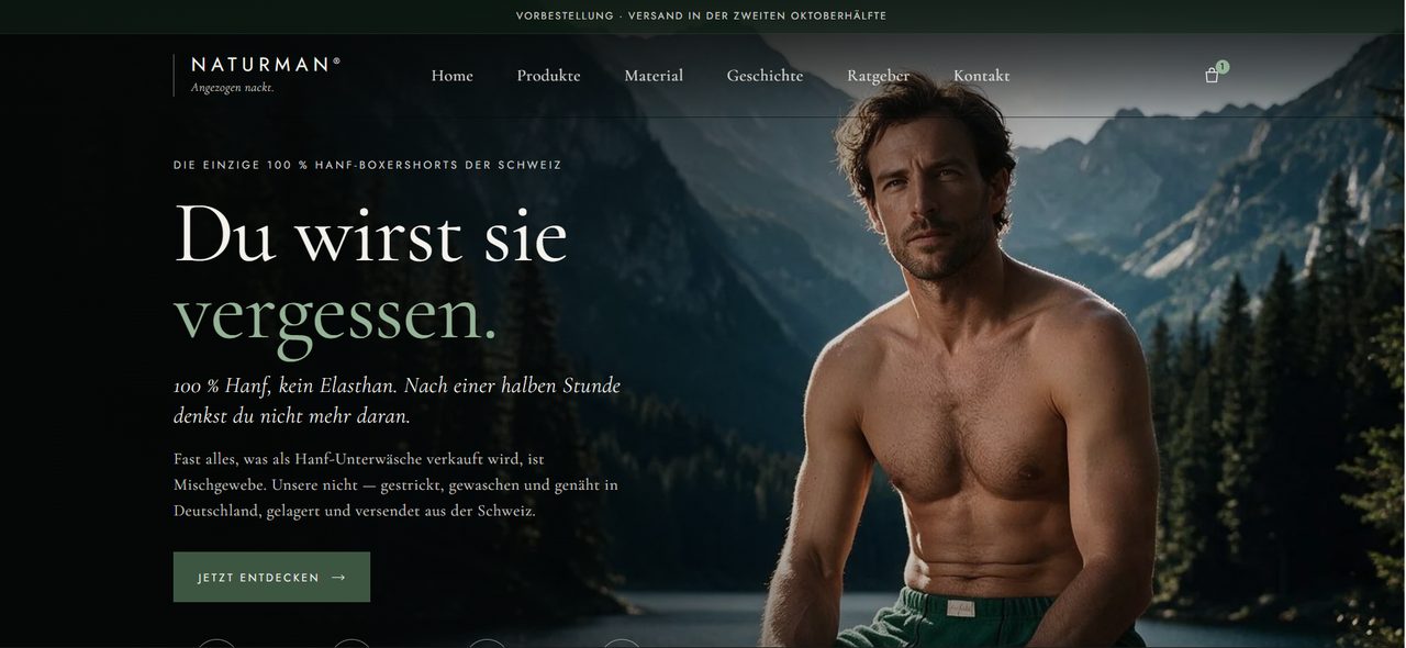Startseite von naturman.ch: Titel „Du wirst sie vergessen“, Hanf-Boxershorts aus der Schweiz