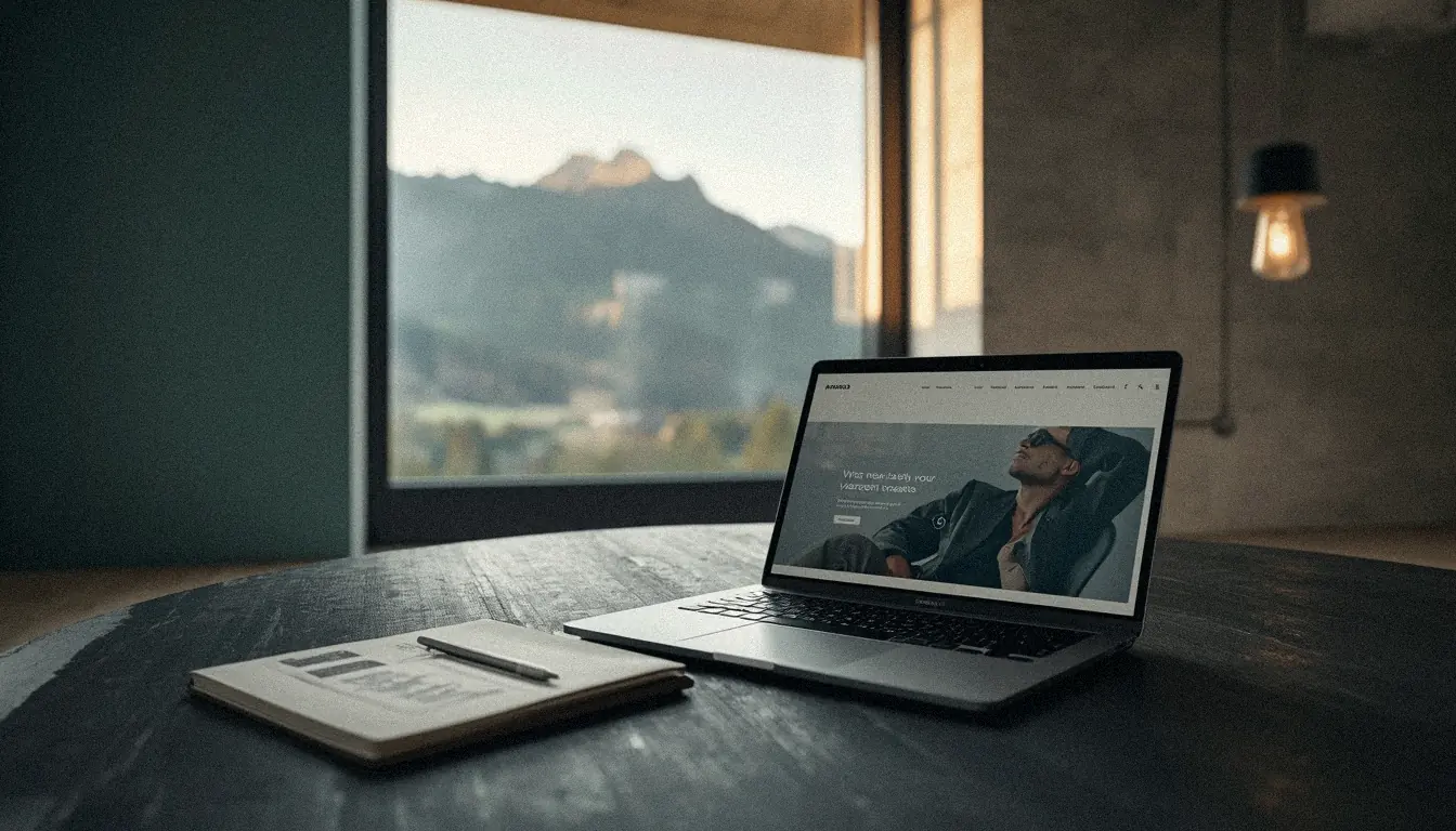 Laptop an einem Fenster mit Bergblick, auf dem Bildschirm eine ruhig gestaltete Website